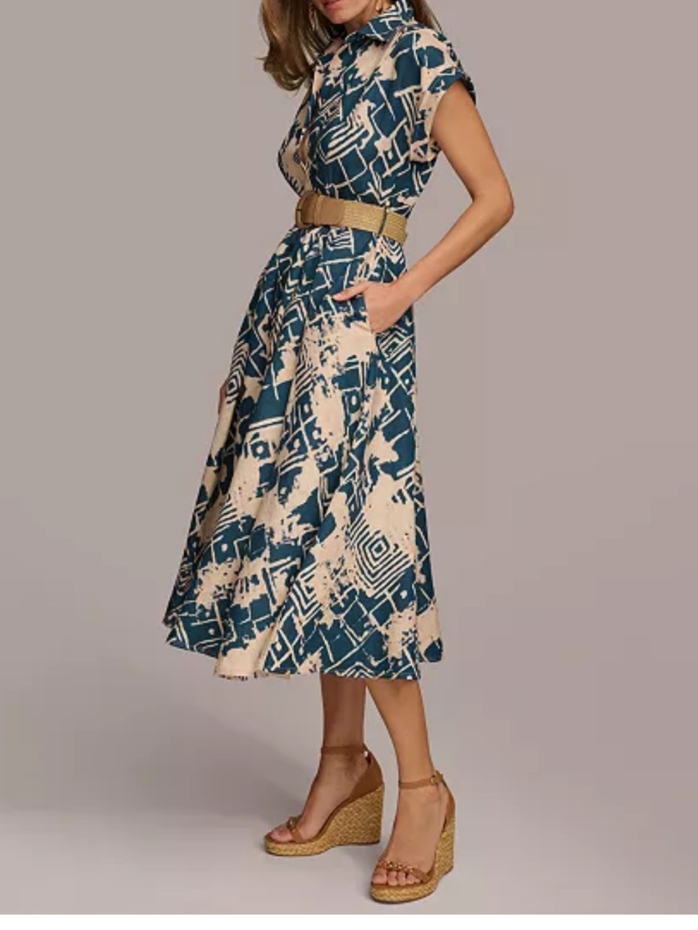 Donna Karan Women's Linen-Blend Printed Shirtdress Size 16 - Picture 2 of 8